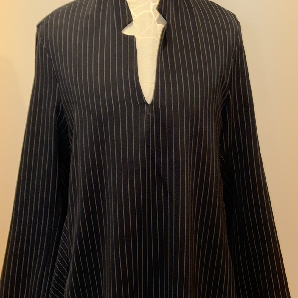 ELM Pinstriped Black Dress with Mandarin Collar and Bishop Sleeves - Picture 2 of 11